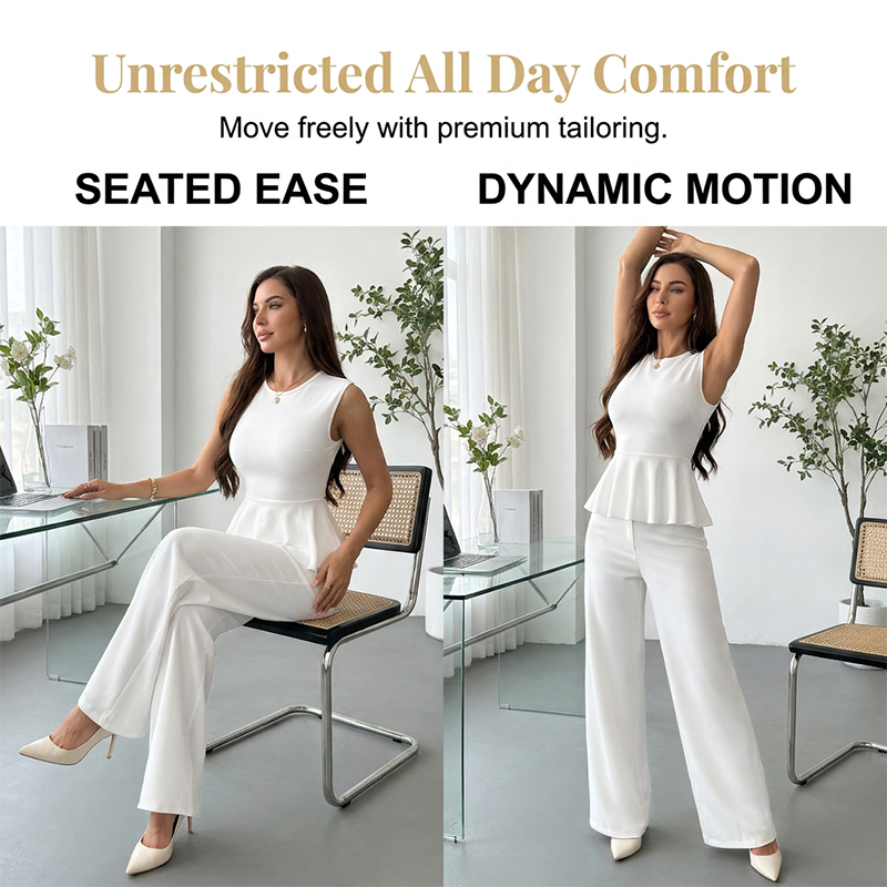 Ensemble 2 pièces femme : haut à basque sans manches et pantalon
