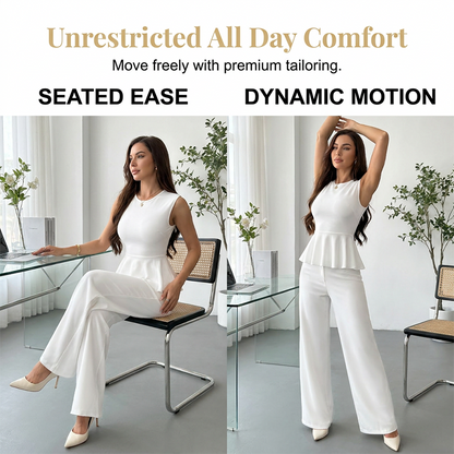 Ensemble 2 pièces femme : haut à basque sans manches et pantalon