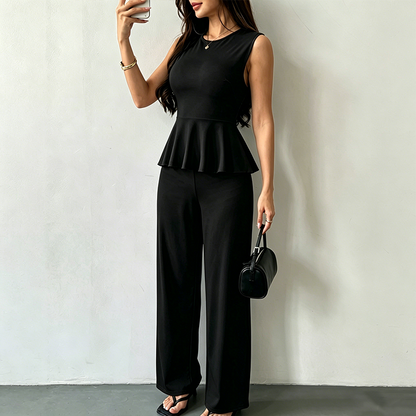 Ensemble 2 pièces femme : haut à basque sans manches et pantalon