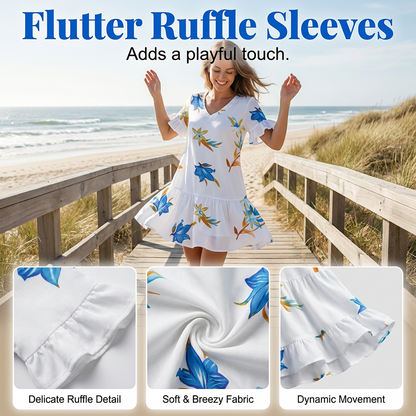 🥳 50 % DE RÉDUCTION ! 🥳 – Mini-robe élégante à motifs floraux & volants – Parfaite pour les chaudes journées d'été !