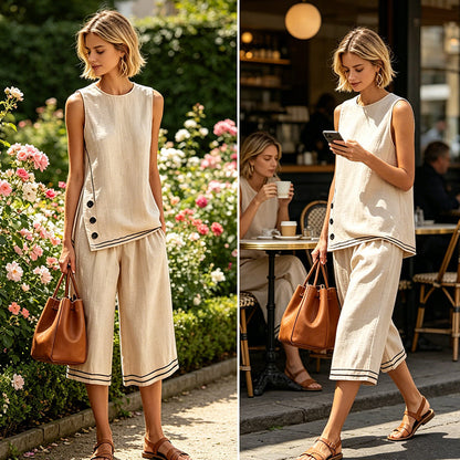 📢📢50 % de réduction !!⏰   👚 Ensemble coton-lin avec haut asymétrique & short – Look estival aéré !