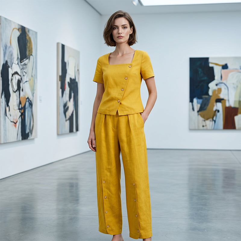 👗 -50% – Ensemble d'été français 2 pièces – Col carré asymétrique & pantalon large !