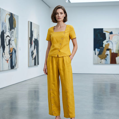 👗 -50% – Ensemble d'été français 2 pièces – Col carré asymétrique & pantalon large !