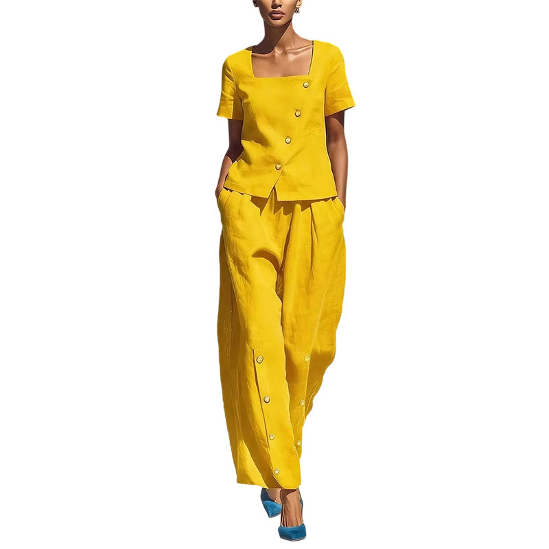 👗 -50% – Ensemble d'été français 2 pièces – Col carré asymétrique & pantalon large !