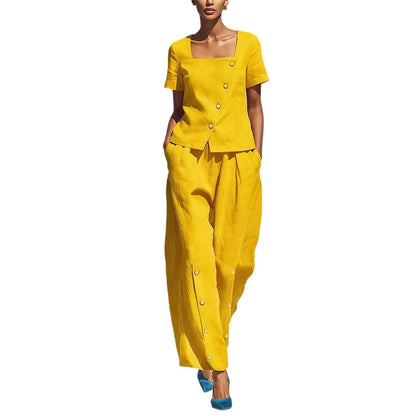 👗 -50% – Ensemble d'été français 2 pièces – Col carré asymétrique & pantalon large !