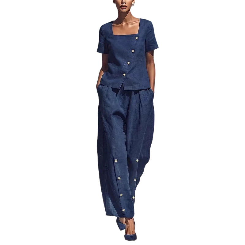 👗 -50% – Ensemble d'été français 2 pièces – Col carré asymétrique & pantalon large !