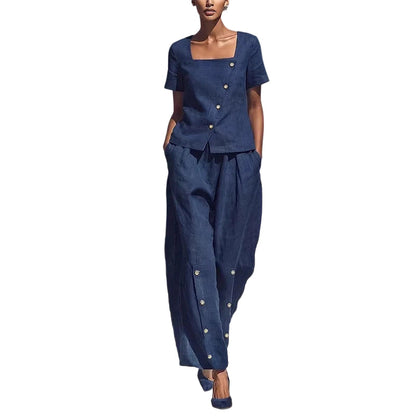 👗 -50% – Ensemble d'été français 2 pièces – Col carré asymétrique & pantalon large !