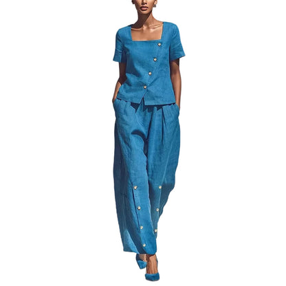 👗 -50% – Ensemble d'été français 2 pièces – Col carré asymétrique & pantalon large !