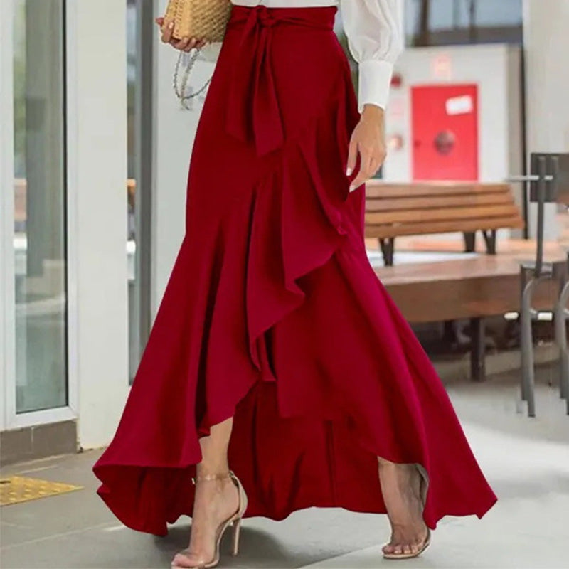 Jupe longue femme taille haute asymétrique à volants