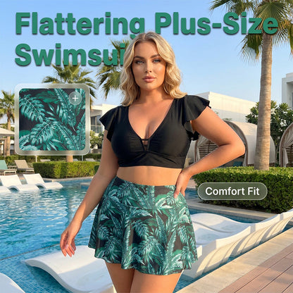 Maillot de bain deux pièces à jupe imprimé tropical pour femme