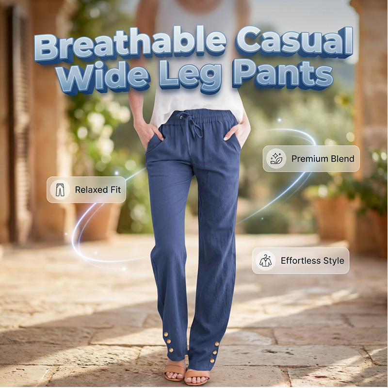 Pantalon ample à jambes larges en coton et lin pour femme, avec cordon de serrage