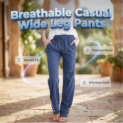 Pantalon ample à jambes larges en coton et lin pour femme, avec cordon de serrage