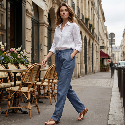 Pantalon ample à jambes larges en coton et lin pour femme, avec cordon de serrage