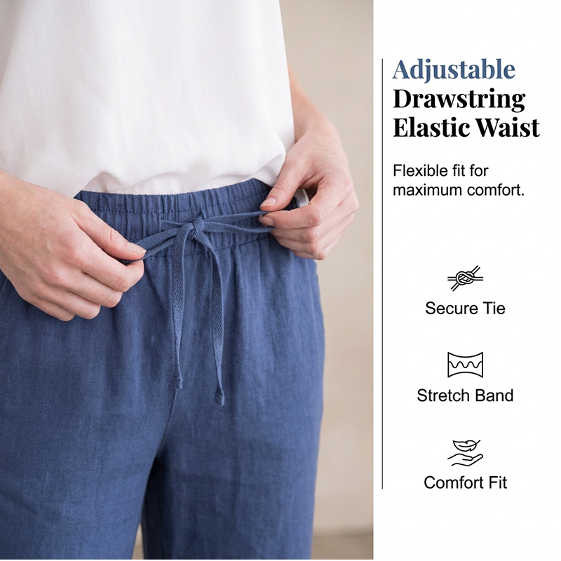 Pantalon ample à jambes larges en coton et lin pour femme, avec cordon de serrage