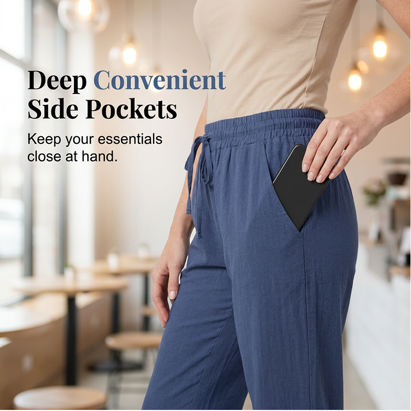 Pantalon ample à jambes larges en coton et lin pour femme, avec cordon de serrage