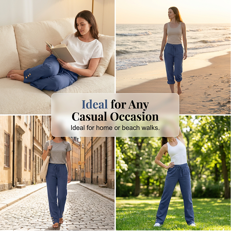 Pantalon ample à jambes larges en coton et lin pour femme, avec cordon de serrage