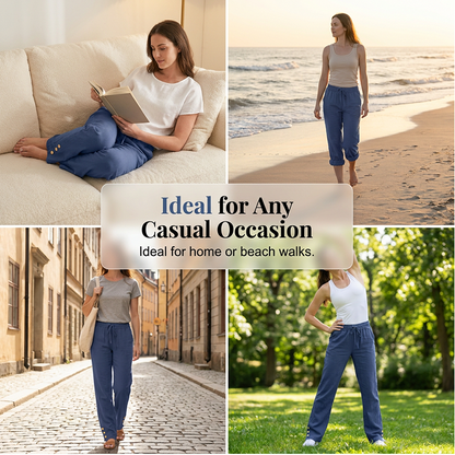 Pantalon ample à jambes larges en coton et lin pour femme, avec cordon de serrage