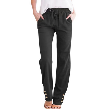 Pantalon ample à jambes larges en coton et lin pour femme, avec cordon de serrage