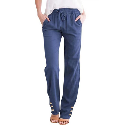 Pantalon ample à jambes larges en coton et lin pour femme, avec cordon de serrage