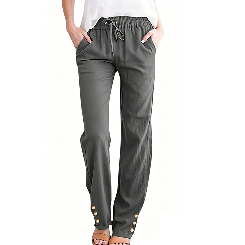 Pantalon ample à jambes larges en coton et lin pour femme, avec cordon de serrage