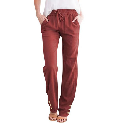 Pantalon ample à jambes larges en coton et lin pour femme, avec cordon de serrage