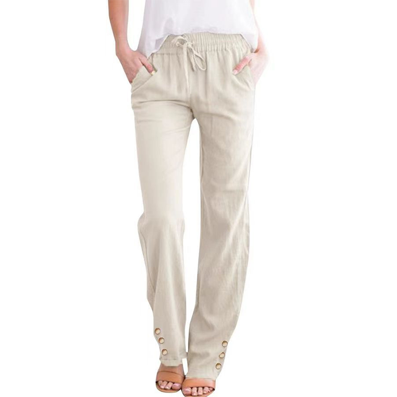 Pantalon ample à jambes larges en coton et lin pour femme, avec cordon de serrage