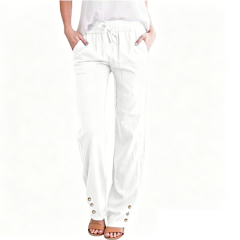 Pantalon ample à jambes larges en coton et lin pour femme, avec cordon de serrage