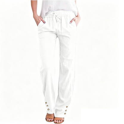 Pantalon ample à jambes larges en coton et lin pour femme, avec cordon de serrage