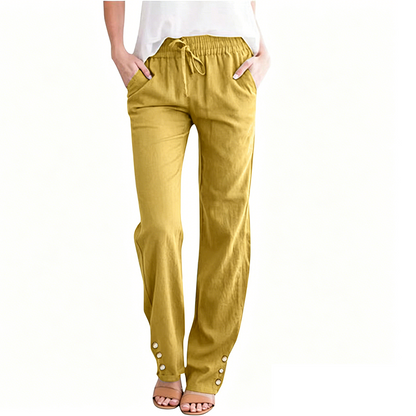 Pantalon ample à jambes larges en coton et lin pour femme, avec cordon de serrage