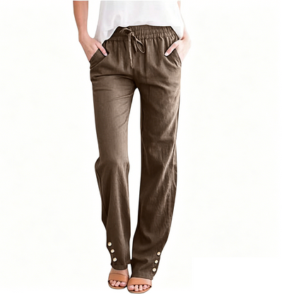 Pantalon ample à jambes larges en coton et lin pour femme, avec cordon de serrage