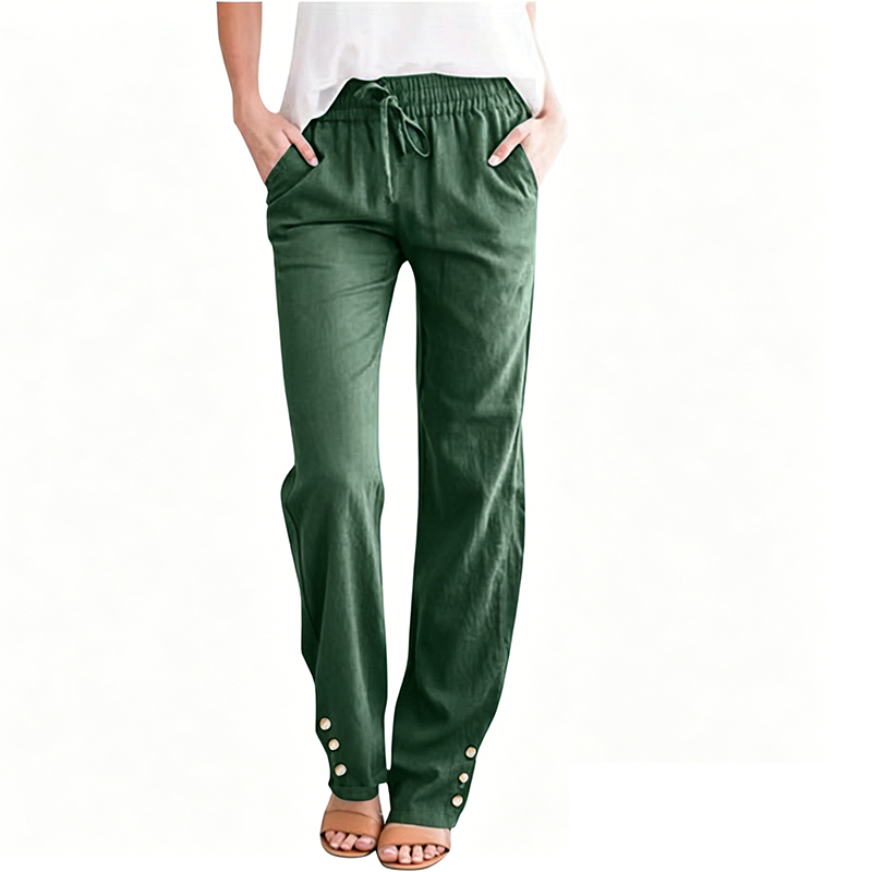 Pantalon ample à jambes larges en coton et lin pour femme, avec cordon de serrage