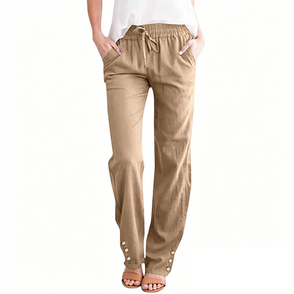 Pantalon ample à jambes larges en coton et lin pour femme, avec cordon de serrage