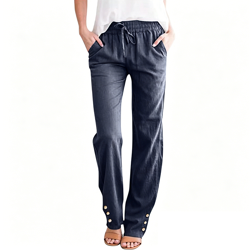 Pantalon ample à jambes larges en coton et lin pour femme, avec cordon de serrage