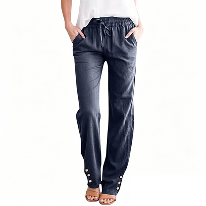Pantalon ample à jambes larges en coton et lin pour femme, avec cordon de serrage