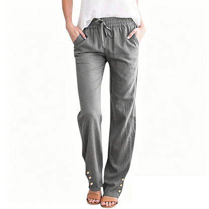 Pantalon ample à jambes larges en coton et lin pour femme, avec cordon de serrage