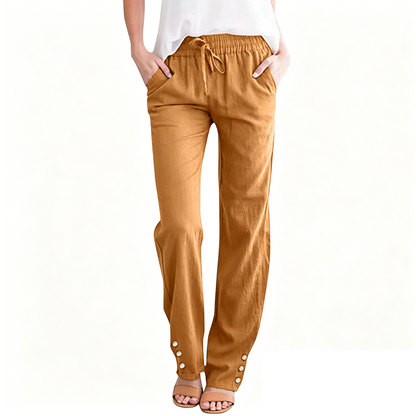 Pantalon ample à jambes larges en coton et lin pour femme, avec cordon de serrage