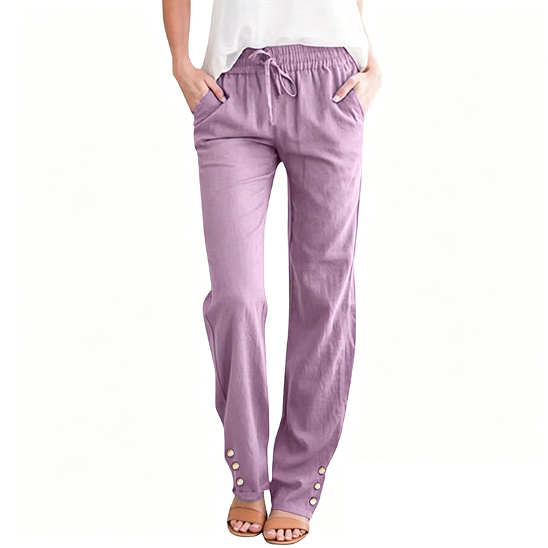 Pantalon ample à jambes larges en coton et lin pour femme, avec cordon de serrage
