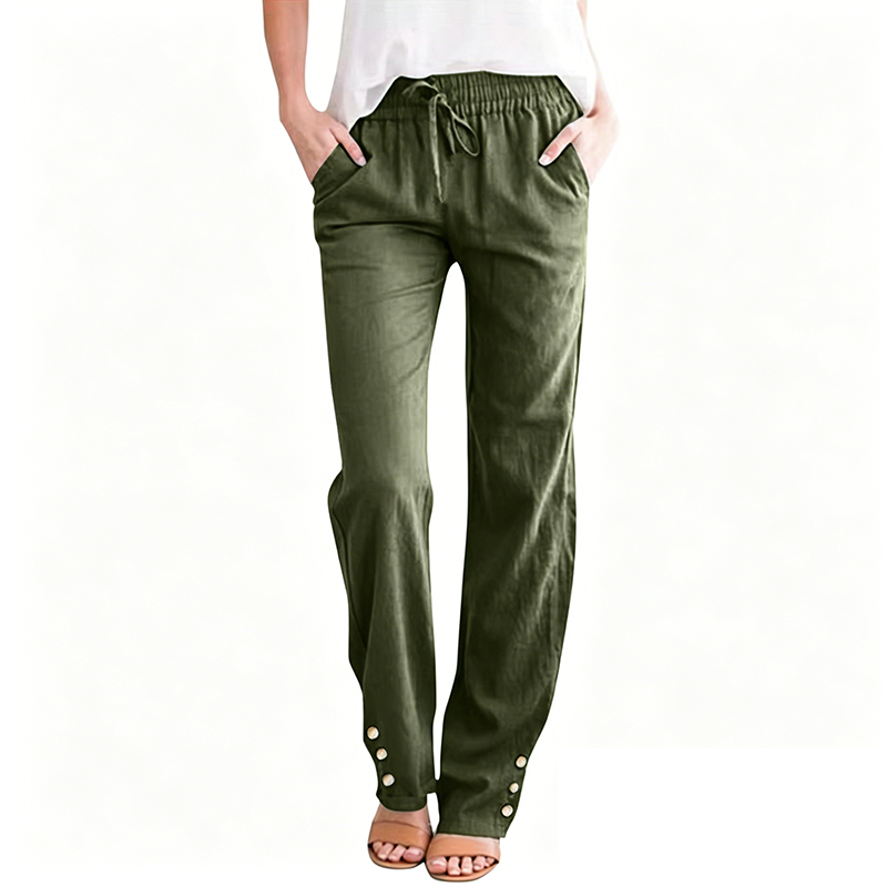 Pantalon ample à jambes larges en coton et lin pour femme, avec cordon de serrage