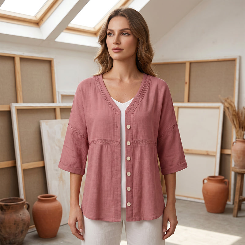 Chemisier pour femme à col en V, bordé de dentelle et boutonné