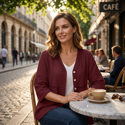 Chemisier pour femme à col en V, bordé de dentelle et boutonné