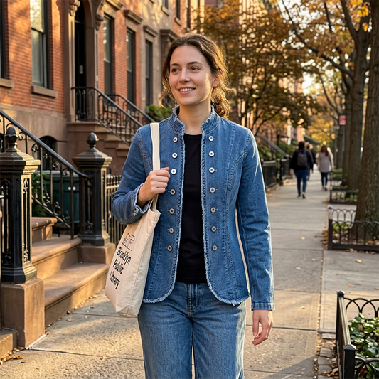 Veste Blazer en Jean Coupe Slim à Col Montant