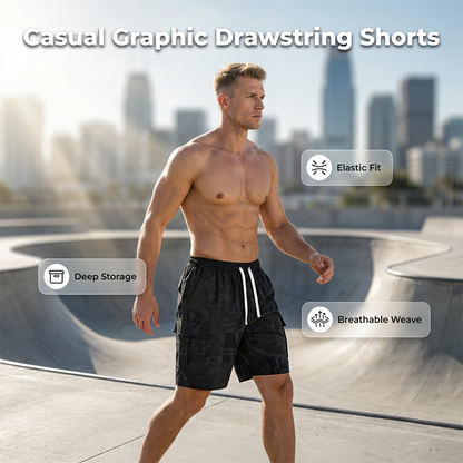 Short à cordon de serrage imprimé graphique décontracté pour homme