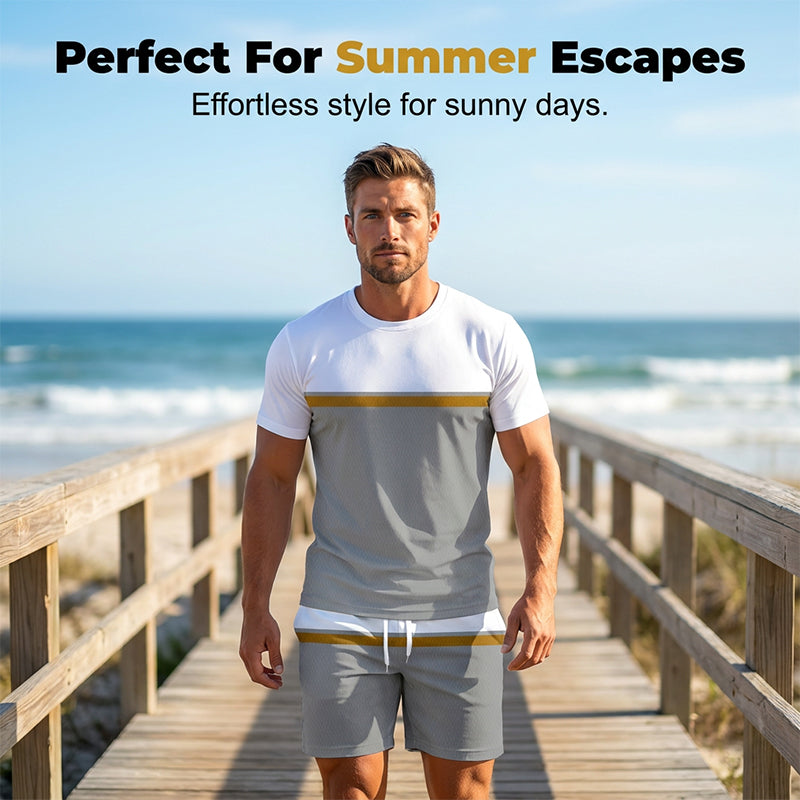 🏖️👕 Ensemble de sport d'été pour homme, color-block – T-shirt athlétique respirant et short à cordon de serrage, tenue 2 pièces