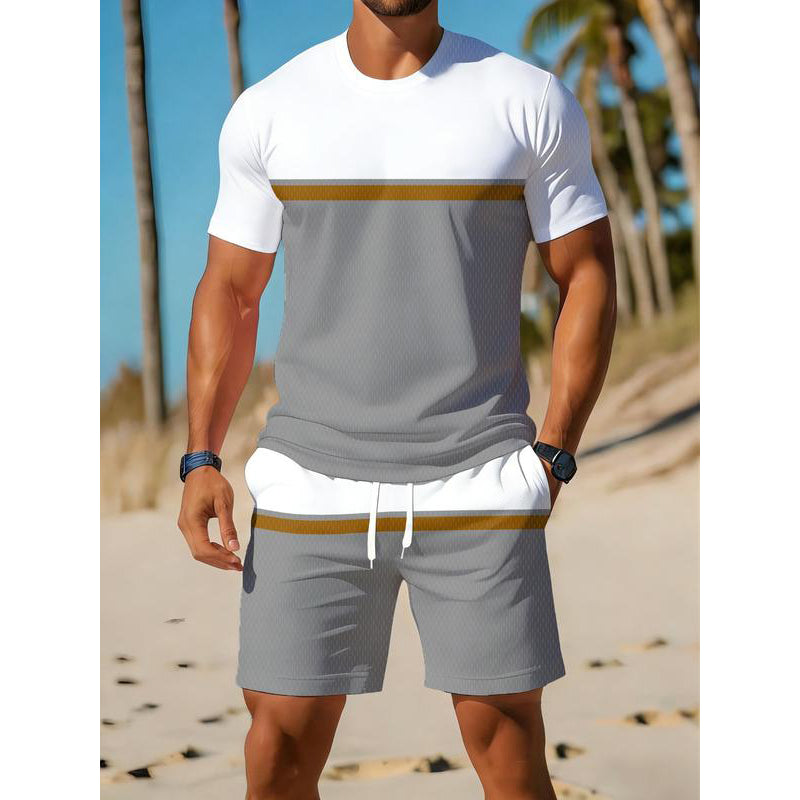 🏖️👕 Ensemble de sport d'été pour homme, color-block – T-shirt athlétique respirant et short à cordon de serrage, tenue 2 pièces