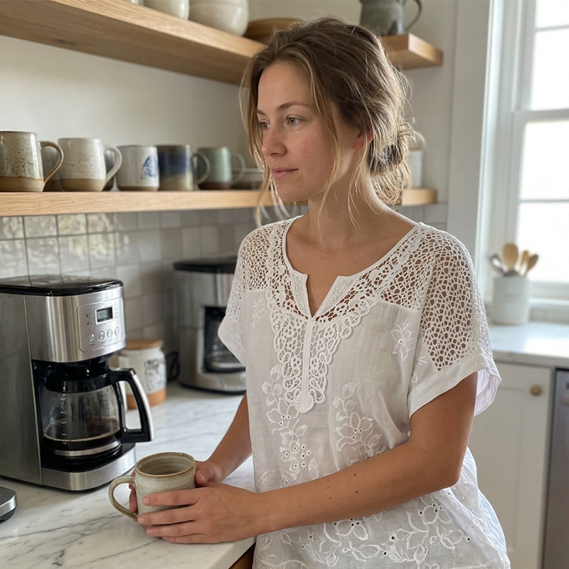 Top Col V À Broderie Dentelle Élégante pour Femme