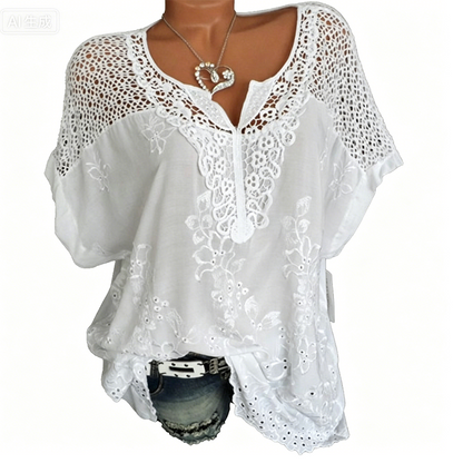 Top Col V À Broderie Dentelle Élégante pour Femme