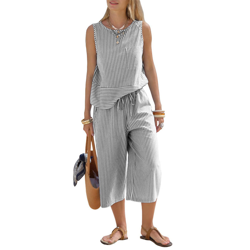 ⏳ Dernière heure – -50% se termine !  Ensemble deux pièces pour femme : tailleur rayé, pantalon large et haut ✨