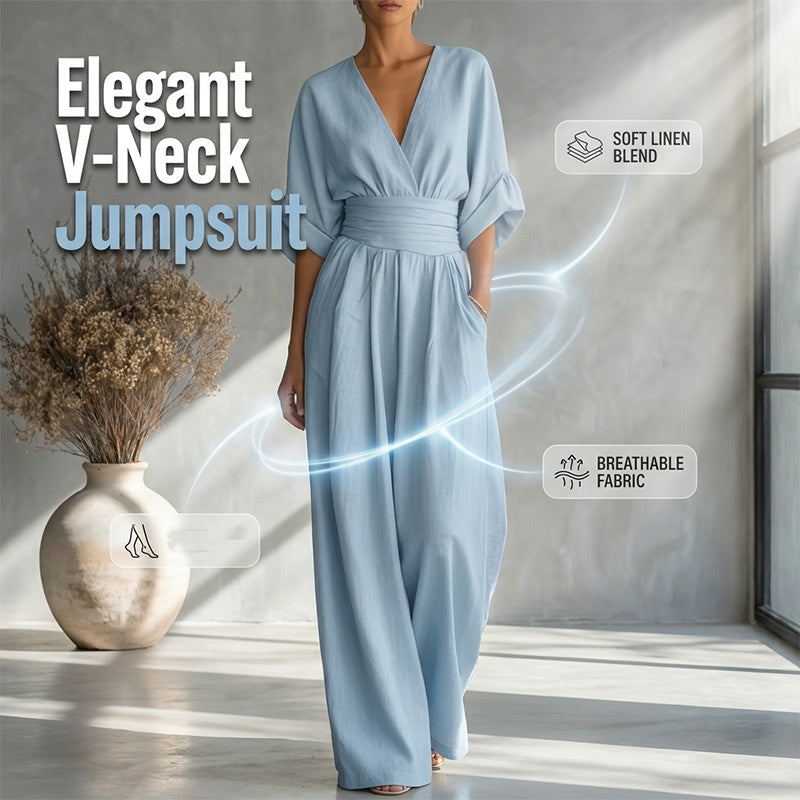 🌍 En vente sur tout le web ! Combinaison ample à taille haute et encolure en V pour femme