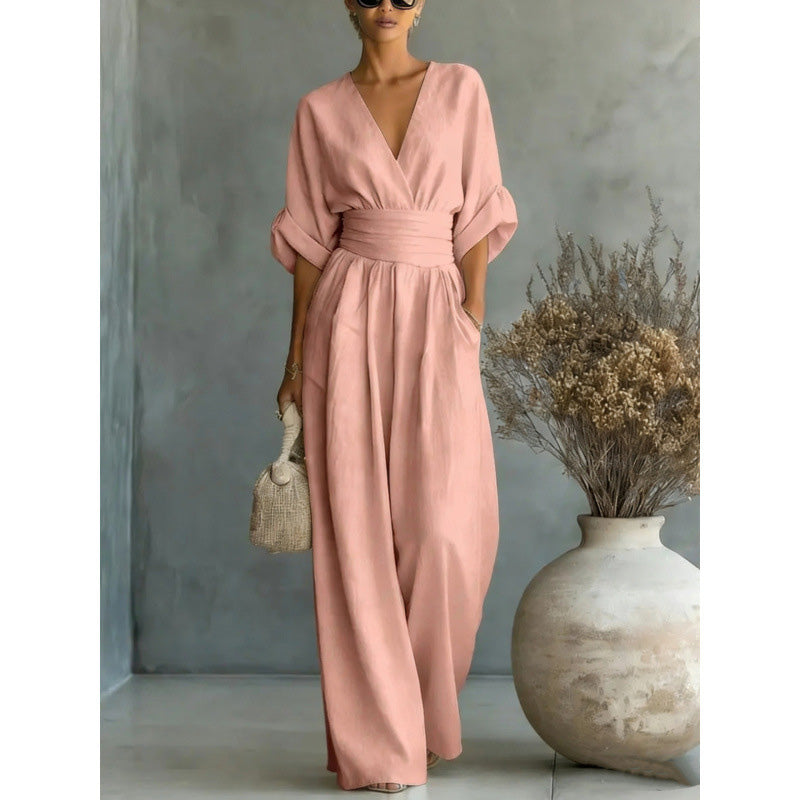 🌍 En vente sur tout le web ! Combinaison ample à taille haute et encolure en V pour femme