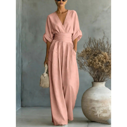 🌍 En vente sur tout le web ! Combinaison ample à taille haute et encolure en V pour femme